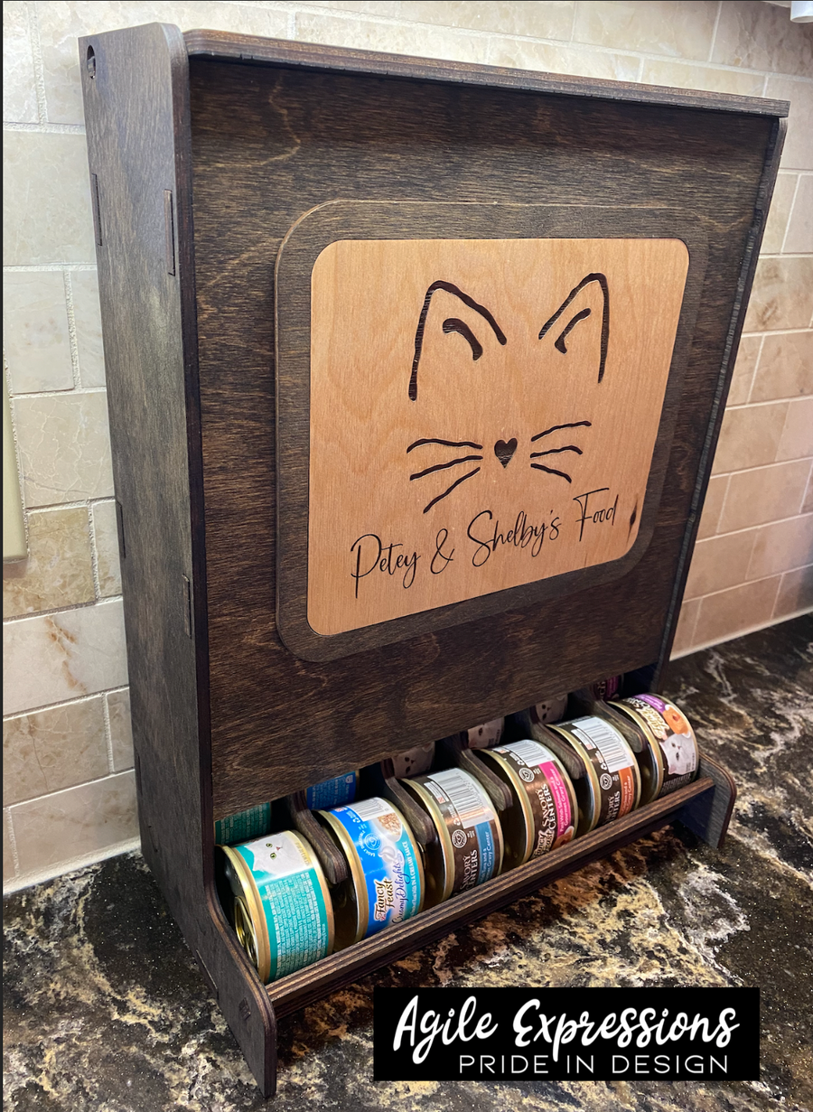 Wooden cat food can dispenser with custom engraving